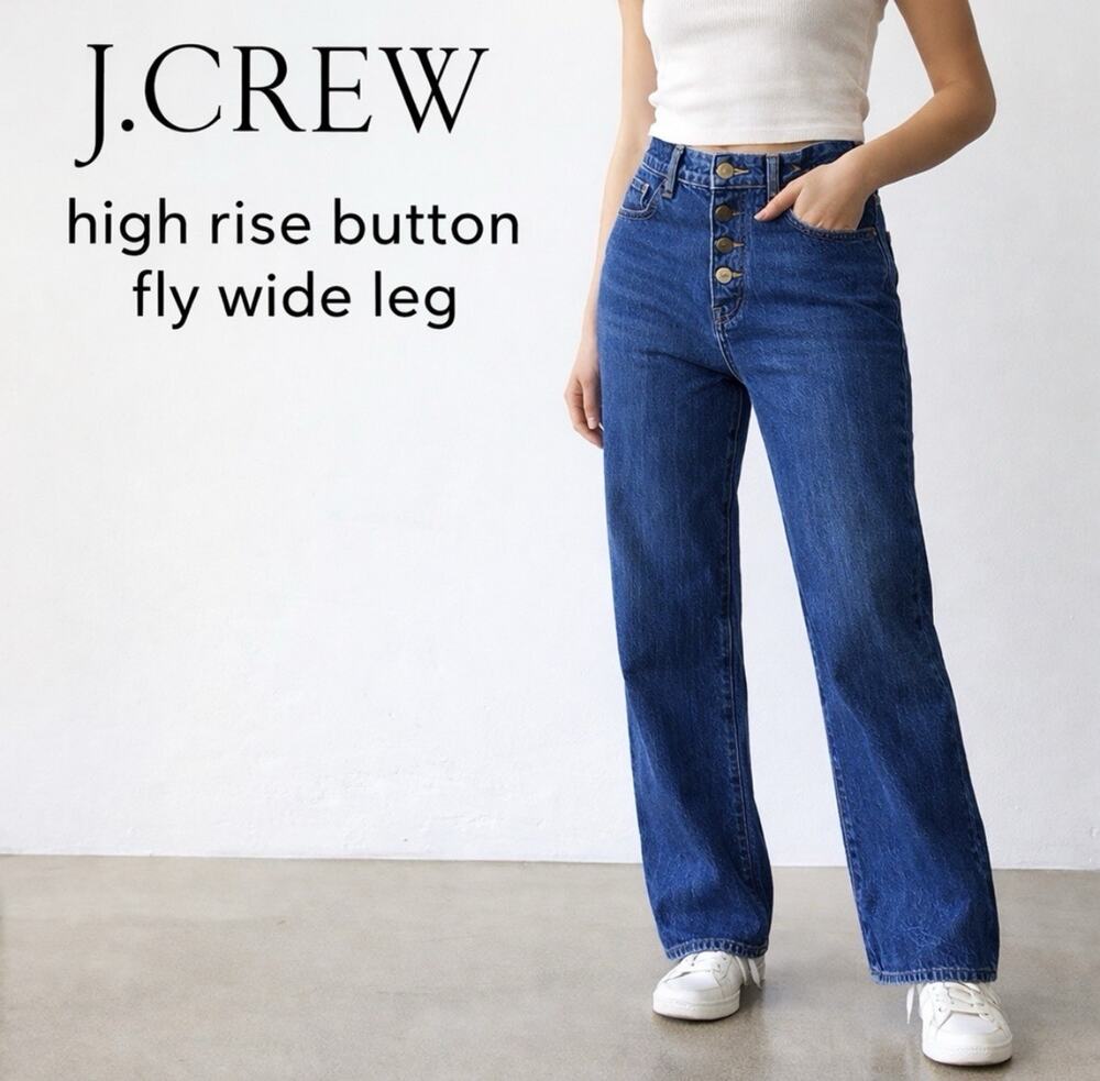 J Crew Full Length Med Wash Sz 29 Wide Leg Jeans Hvy Button Closure